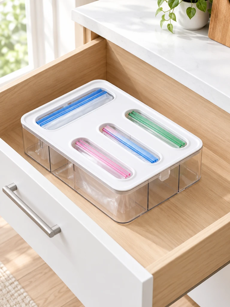 Clear organizer holding food bags upright in a kitchen drawer